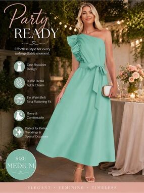 Elegant One-Shoulder Ruffle Midi Dress in Mint Green